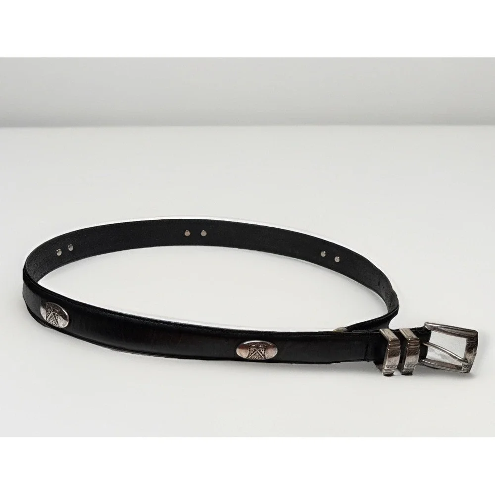 Men's Golf Black Top Grain Oil Tan Leather Belt with Nickel Hardware Size 34 VTG